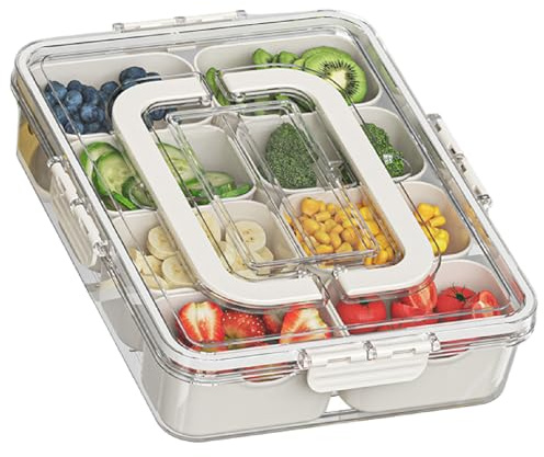 MEETOZ Divided Serving Tray with Lid & Handle, 8 Compartments Portable Snackle Box Container for Fruit, Portable Food Storage Container, for Reusable Appetizer Organizer for Veggie, Candy,Fruit,Nut