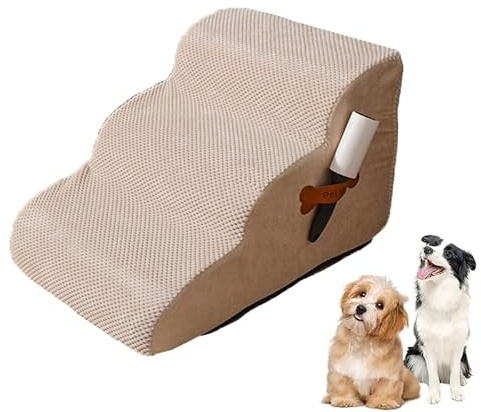 Hundetreppe FüR Kleine Hunde, Plüsch-Bezug waschbar, Haustiertreppe, Katzentreppe Hunderampe für Bett, Sofa, Couch und Auto, rutschfest, gringe Neigung (Beige, 56 * 40 * 35cm, 3)