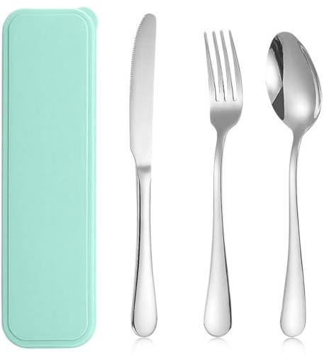 KIRZAX 3PCS Cubiertos Camping de Acero Inoxidable, con Estuche Escolares,Juego de Cubiertos para Camping,Porta Cubiertos para Llevar al Trabajo Portátiles,para Exteriores Viajes Camping (Verde)