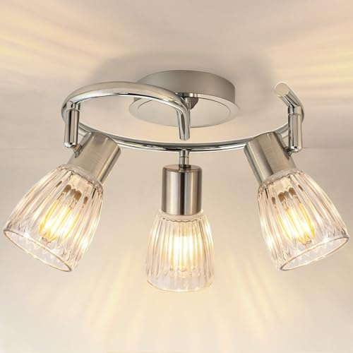 Unikcst LED Deckenstrahler 3 Flammig Chrom Deckenlampe E14 | Schwenkbar 350°, Modern Strahler Deckenleuchte Glas für Küche Wohnzimmer Schlafzimmer, Ohne Leuchtmittel