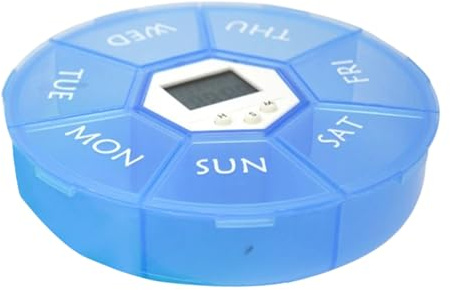 Tablettlåda – 7-fack tablettlåda med timerfunktion, rund förvaringsburk med morgon middag kväll fack för yrkesresor hemma