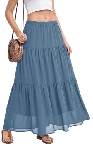 BEIGAI Gonna lunga elastica a vita alta da donna, gonna lunga fluida, a campana, stile bohémien, gonna estiva da donna, casual, elegante, lunghezza completa per donna, Regno Unito, Blu Grisaceo, L