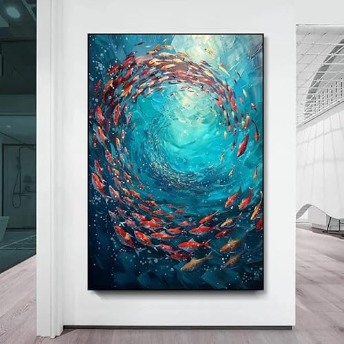 KEMEIQI Dipinto murale di pesci su tela, astratto, blu, mondo sottomarino, arte, poster, stampe, arte murale per la stanza, dipinto personalizzato (70x140 cm/senza cornice)