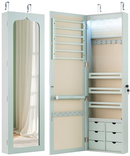 FANTASK Schmuckschrank hängend, Spiegelschrank mit LED, 6 Schubladen und Schlüsseln, Schmuckregal für Tür und Wandmontage, 120x35,5x10cm (Grün)