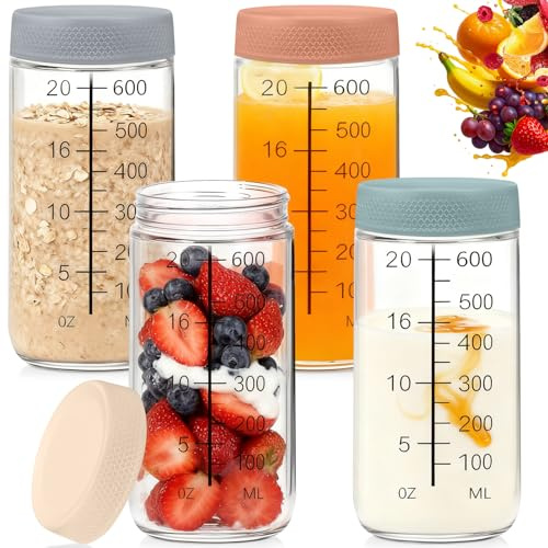 Dinhauyon 4 Piezas Tarros de Avena Durante la Noche, tarros de preparación de comidas de 750 ml, botellas de vidrio graduadas de boca ancha con tapones de rosca para avena en polvo durante la noche