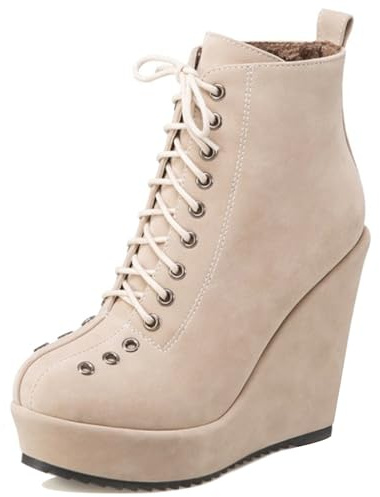 Gicoiz Tacón Alto Plataforma Tacón de Cuña Botas Mujer Cordones Punta Rojoonda Invierno Warm Ankle Botín Strappy Fiesta Rodilla Military Beige Talla 36 EU