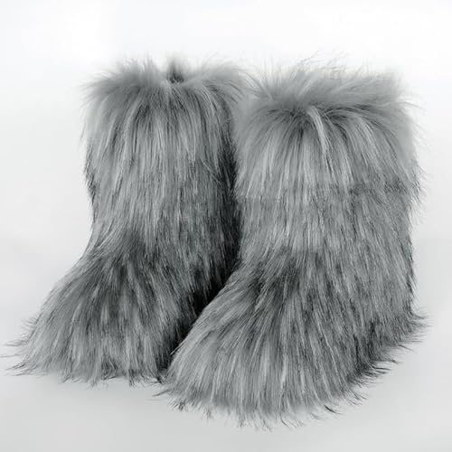 Kvinnors snöboots i konstpäls, fluffiga benvärmare, vinterstövlar till mitten av vaden, mode och bekväma utomhusstövlar gray European-size-40⅔