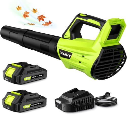 Soffiatore per foglie senza fili, con batteria e caricabatterie, 2 modalità di velocità, 2 batterie, 20 V, potente soffiatore elettrico leggero per soffiare foglie, cura del prato, patio, verde
