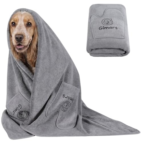 Gimars Asciugamano Cane Spesso con Tasche per Mani, Super Assorbente, Asciugamano in Microfibra Grande, Morbido per Animali, 140 x 70 cm, Presa Facile per Miglior Controllo