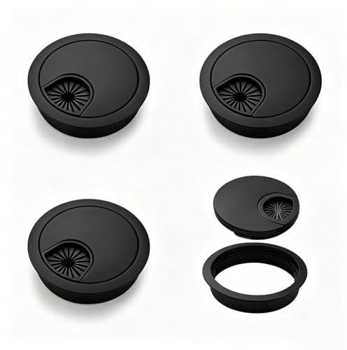 WJUAN 4 Piezas Pasacables Escritorio, Ø47-50 mm Pasacables Mesa Redondo, Organizador Cables Negro, Aleación de Zinc Tapa Pasacable Encastrable en Mesa, para Escritorios, Mesas Trabajo