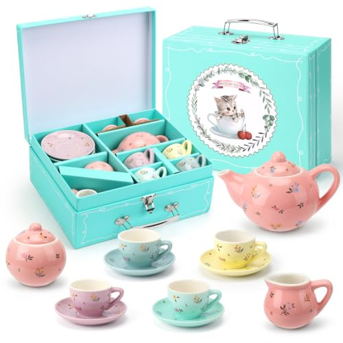 CHENP.HMC Juego de fiesta de té para niñas pequeñas, juegos de 13 piezas para fiesta de té de lata con tazas, platillos, platos y bandejas para servir, regalo de cumpleaños para niñas (HWC)