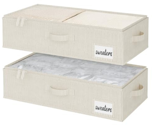 StorageWorks Under-sängsförvaringslådor med lock, 60 x 32 x 13 cm undersängsförvaringslådor för sovrumsorganisering, tjocka och stabila förvaringslådor under sängen, beige ränder, 2-pack