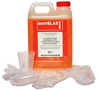 Rootblast Home & Garden Glyphosate Weedkiller | Commercial Strength Weed Killer | Treats up to 3332 sq.m | 2 x 1 Litre Bottle + Complimentary Measuring Cup & Gloves, White