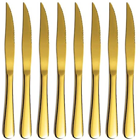 Gold Steak Knife Set, Kyrtaon Golden Serrated Knife, Titanium Gold Plating Stainless Steel Sharp Knives Set, Dinner Knifes Set of 8, Dishwasher Safe Sturdy and Easy to Clean