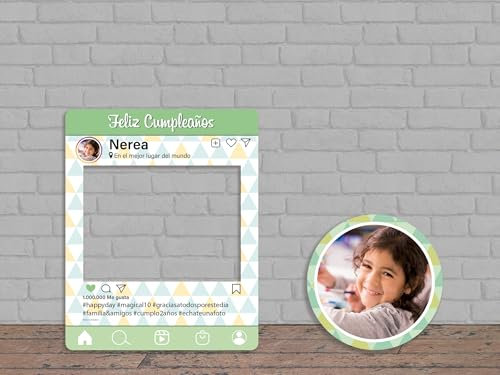 Oedim Photocall + Cartel en Cartón Instagram Feliz Cumpleaños Fondo Verde Personalizado, 80x100cm, 44,9x44,9cm, Eventos o Celebraciones puntuales, Ventana Troquelada, Photocall Divertido
