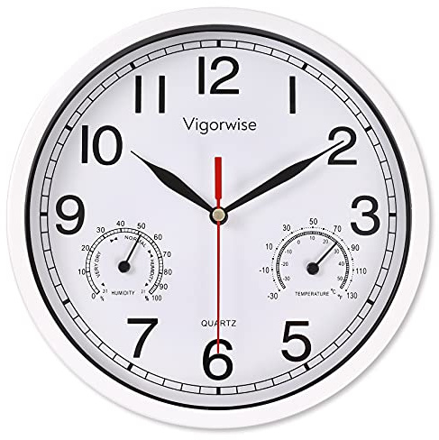 Vigorwise 8 Inch White Wall Clock, Sweep Silent Movement Accurate Clocks with Temperature & Humidity, Decorative for Kitchen/Living Room/Bedroom/Office/School/Classroom