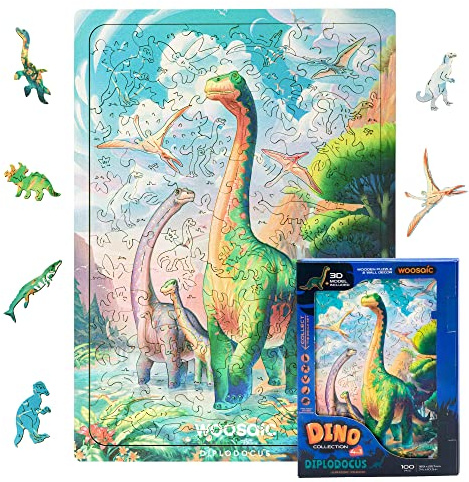 UNIDRAGON Original Holzpuzzle — Dino Diplodocus, Einzigartige Form der Puzzlestücke, 7.4 х 10.5 Zoll (18,9 х 26,7 cm) 100 Teile