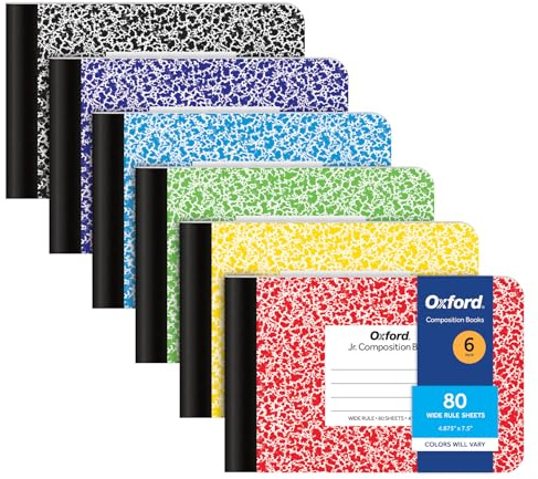 Oxford Composition Mini Notebooks, 6 Pack, Cover Colors Vary, Wide Ruled Paper, 4-7/8 x 7-1/2 Inch School Journals, Assorted Color Covers, 80 Sheets per Book (63779)