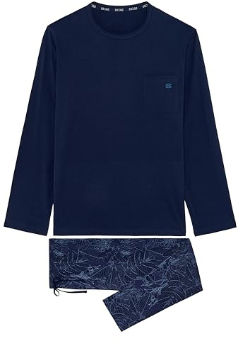 Hom Pyjama Long Kenny Juego de Pijama, Parte Superior: Azul Marino Liso Bajo: Estampado Floral, M para Hombre