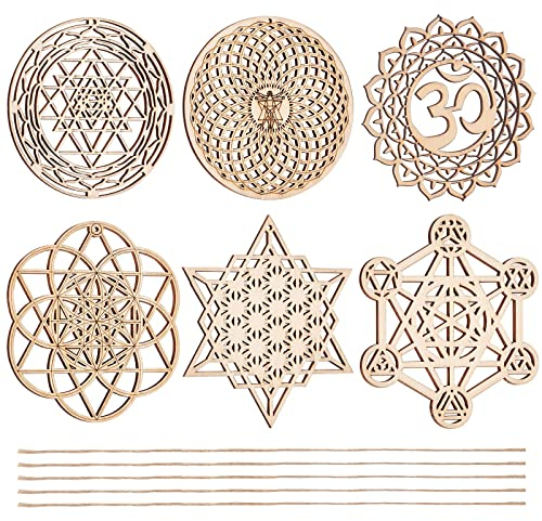 CHGCRAFT 6 Sets 6 Stil 10 cm Heilige Geometrie Wandkunst Set Meditation Chakra Holz Wandskulptur Blume Des Lebens Mandala Holz Kristallgitterplatte für Yoga Meditationsraum Heimdekoration