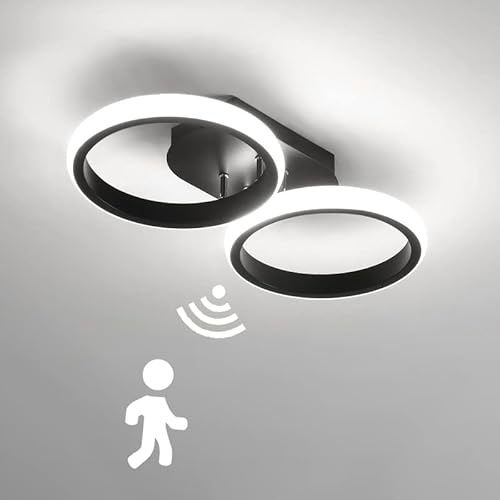 LED Flur Deckenleuchte mit Bewegungsmelder Innen Sensorlampe Deckenlampe mit Sensor 22W Moderne Ring Deckenbeleuchtung für Treppe Wohnzimmer Balkon Küche Garage Veranda BüRo Lampen, Schwarz (6000K)