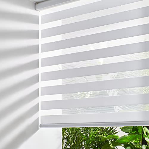 Persilux Cordless Zebra Blinds for Windows Free-Stop Roller Windows Shades (23 W X 64 H, White) Dual Layer Light Control for Day and Night, Light Filtering Sheer Shades for Home, Easy to Install