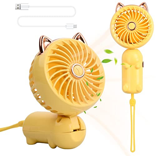 Pagezol Handheld Mini USB Fan - Rechargeable Portable with 3 Speed Settings, Foldable Design for Girls Women Kids - Outdoor Travel Office Home Camping (Yellow)