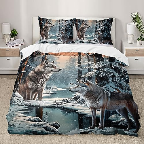 Ailonen 3D Snow Wolf Duvet Cover Set Queen Size, Winter Forest Bedding Set for Boys & Girls - 1 Quilt Cover, 2 Pillowcases