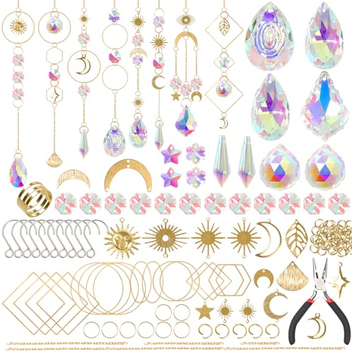 UXORSN Sonnenfänger Kristall 200 Stück Suncatcher Machen Set Bastelset Erwachsene Hängend Windspiel Stern Sonnen Mond Regenbogen Anhänger Ornament Für Fenster Garten Hochzeit Dekor (Gold)
