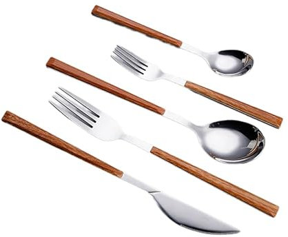 Juego De Cubiertos 5 Pieces Of Stainless Steel Cutlery Imitation Wood Handle Steak Cutlery Set Dessert Spoon Silver