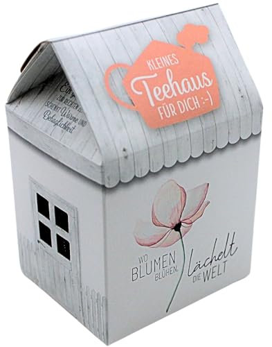 Teegeschenk mit Grußfeld, Teepräsent als Haus, Teehaus 8 Pyramidenbeutel á 3,5g Früchtetee Motiv: Blüte, Wo Blumen blühen, lächelt die Welt - L/B/H 13 x 9 x 7 cm.
