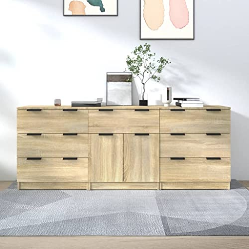 Willood 3-TLG. Sideboard-Set Sonoma Eiche-Optik Holzwerkstoff Mit Sieben Schubladen,Kommode,Küchenschrank geeignet für Küche, Wohnzimmer, etc.