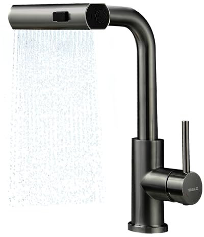 BELZ Mitigeur de cuisine amovible, rotatif à 360°, robinet à cascade anti-éclaboussures, en acier inoxydable, chaud et froid, chromé (Gunmetal)