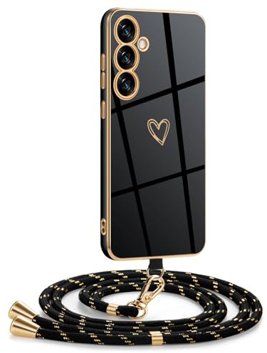 Mkej Coque pour Samsung Galaxy S24 FE avec Cordon de Collier, Coque avec Cordon Motif Coeur d'amour TPU Housse, Collier RéglableTéléphone Portable Lanyard Case Samsung Galaxy S24 FE, Or Noir