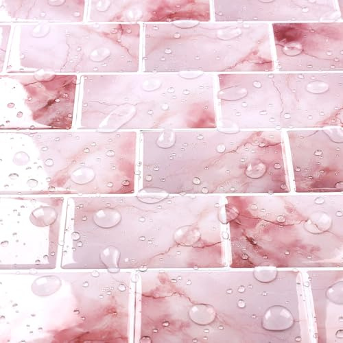 Livelynine Piastrelle Adesive Cucina Marmo Rosa Paraschizzi Cucina Adesivo 3D Piastrelle Adesive Bagno Rosa Bianco Effetto Marmo Mattonelle Adesivi Bagno per Muro 30x30CM Rivestimento Parete, 4 Pezzi