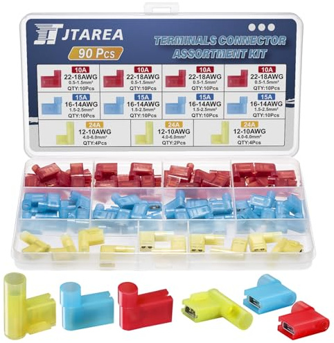 JTAREA Flagge Isoliert Weiblich Terminal Vollisolierte Steckverbinder 90 Grad Nylon Flachstecker Kabelschuhe Drahtverbinder 22-18 16-14 12-10 AWG Flachsteckhülsen Kabelschuh (Rot 40 Blau 40 Gelb 10)