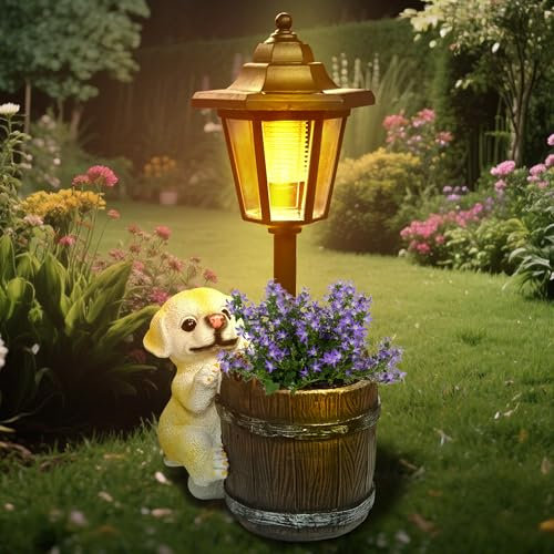 lifemet Gartendeko Solar Außen Hund Statuen - Lustig Gartenfiguren Wasserdicht Solarlampe Blumentopf für Draußen Balkon Garten Deko Geschenke für Frauen Männer Mama