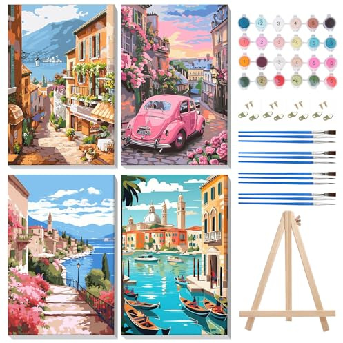 MISCER 4 Pack Pintar con Numeros con Marco, Paisaje Pintura Pintar por Numeros Adultos Niños,Pintura DIY en Acrílico u Óleo, Adecuada para Decoración del Hogar 20X30cm