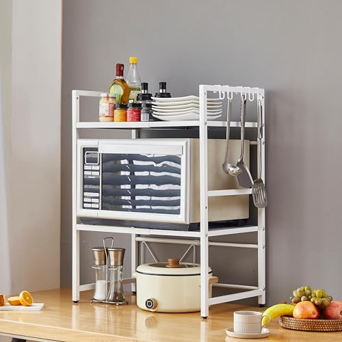 nozama 3-Tier Expandable Microwave Oven Rack with 6 Hooks, Adjustable Metal Kitchen Shelf with Storage Organizer, White Baker Storage Rack