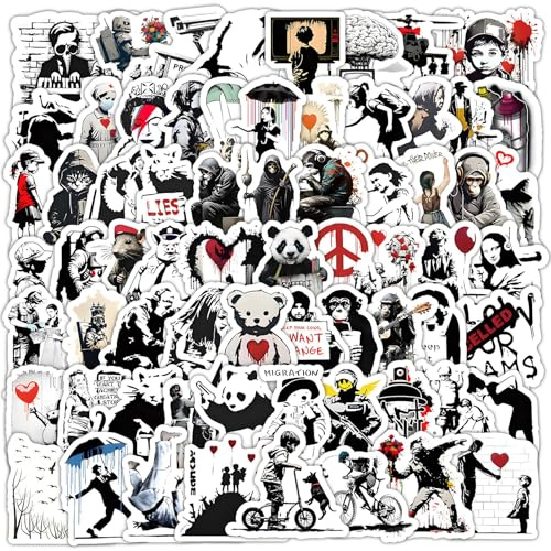 Banksy 100 Stück Graffiti Aufkleber Schwarz Weiß Wasserdicht Aufkleber für Laptop Gepäck Auto Telefon Scrapbooking Motorrad Fahrrad Koffer Wasserdicht Ästhetisch