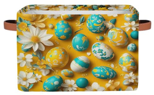 Mexpekil Storage Boxes for Shelves with Handle Collapsible Cube Storage Baskets Yellow Blue Eggs Floral Fabric Shelf Baskets Toy Storage Organiser for Home Nursery 1PC