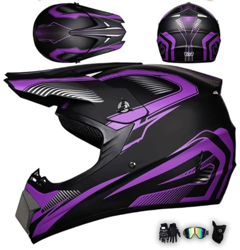 MODRYER Casco Motocross Jóvenes Adulto ATV Descenso Cross Casco Integral para Mujer Hombre Casco De Moto para BMX MTB Eduro Quad Todoterreno, con Gafas Máscara Guantes,Purple-M/54~55cm