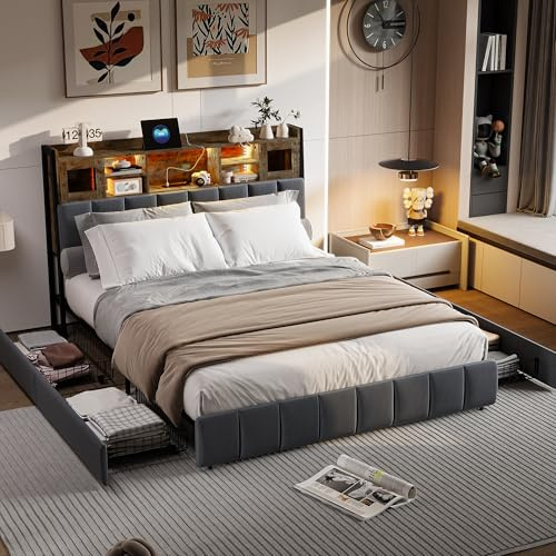 FEEOHOME Bett mit Schublade, 140 x 200 cm, Bett mit Stauraum und 4 Schubladen, gepolstertes Doppelbett mit Bettgestell und Lattenrost, mit LED und USB, für Erwachsene, Jugendliche, Jungen, Leinen