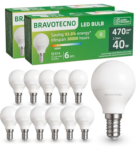 bravotecno E14 LED Glühbirne, Energieklasse B E14 LED Warmweiss, 3000K 2.5W 470LM G45/P45 Warmweiß Leuchtmittel Entspricht 40W, 360° Abstrahlwinkel, Nicht Dimmbar, Wärmearm & Langlebig, 12 Stück