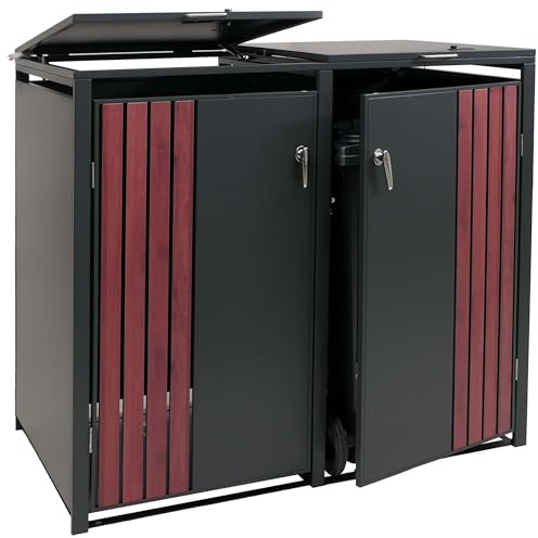 Mendler 2er-Mülltonnenverkleidung HWC-O67 - anthrazit Holzoptik dunkel | Mülltonnenbox, mit Deckel, Metall, 122x132x84cm, 53kg