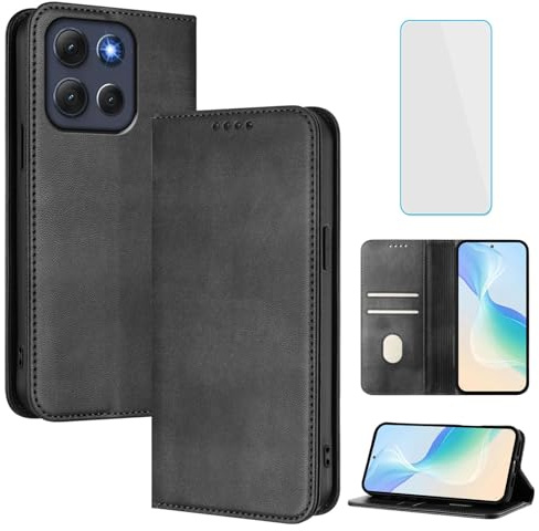OUEAYIEN Funda para Motorola Moto G86 5G Tapa Libro Negro | con Protector Pantalla,RFID,Cuero Carcasa Cartera,Ranuras Tarjetas,Soporte Plegable,Vintage móvil Funda Motorola G 86 MotoG86