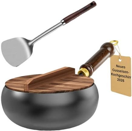 Padella in ghisa pesante non rivestita, 24 cm/28 cm, 2026, in ferro giapponese con coperchio in legno, padella in ferro non rivestita, per una cottura naturale (nero-a, 28 cm)