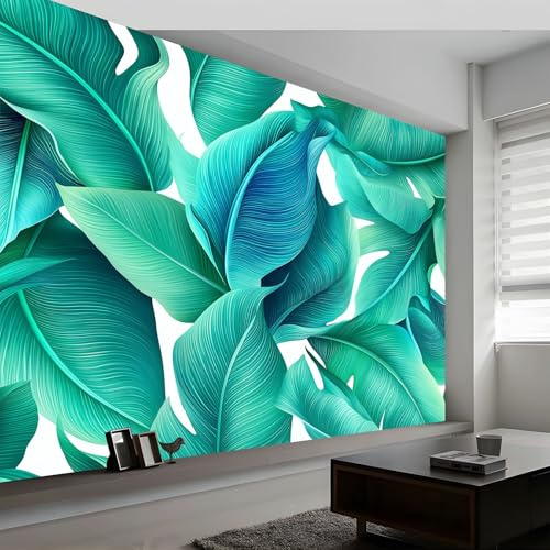 Papier peint panoramique plantes feuilles de bananier rayures, papier peint intissé turquoise pour chambre salon salle à manger décoration murale - Fond d'écran photo Moderne art mural 350L x 256H cm