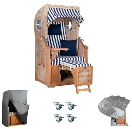 MR. DEKO Strandkorb Single Komplettset Düne Bullauge Teak PE Shell | 1-Sitzer Volllieger-Strandkorb | inkl. Liftersystem Rollen & Haube | Gartenmöbel Teakholz | Liegestuhl Balkon
