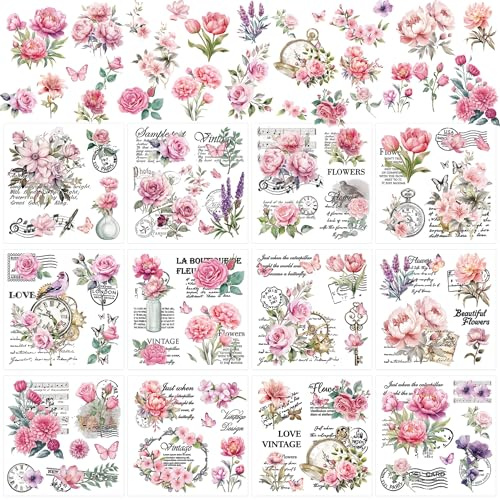 12Pcs Vintage Floral Rub on Transfers, Pink Flower DIY Crafts | Uv DTF Transfer Stickers for Furniture, Wood, Glass Home Decor, Easy Apply Rub on Decals with Floral Design